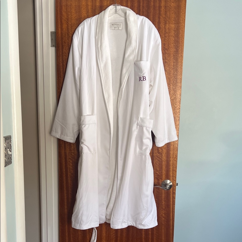 White Monogrammed Monarch Luxe Bathrobe with RB monogrammed on pocket